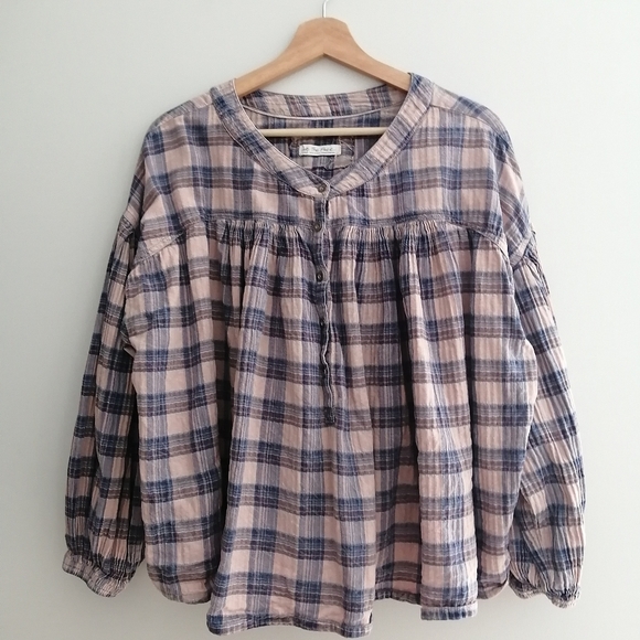 Free People We The Free Jessi Plaid Pleated Trapeze Top Balloon Sleeves Large - Picture 3 of 16